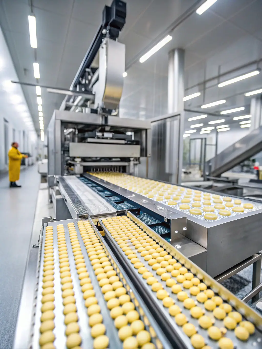 A GMP-certified nutraceutical production line, highlighting the cleanliness and precision involved in supplement manufacturing.