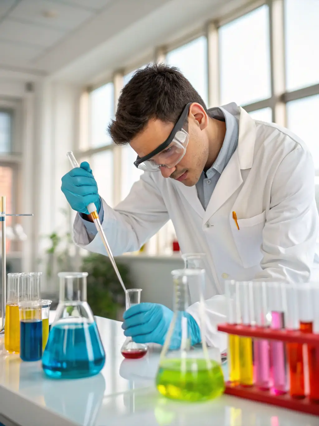 A close-up shot of a pharmaceutical lab technician in a sterile environment, conducting quality control tests on API samples, ensuring purity and compliance with international standards.