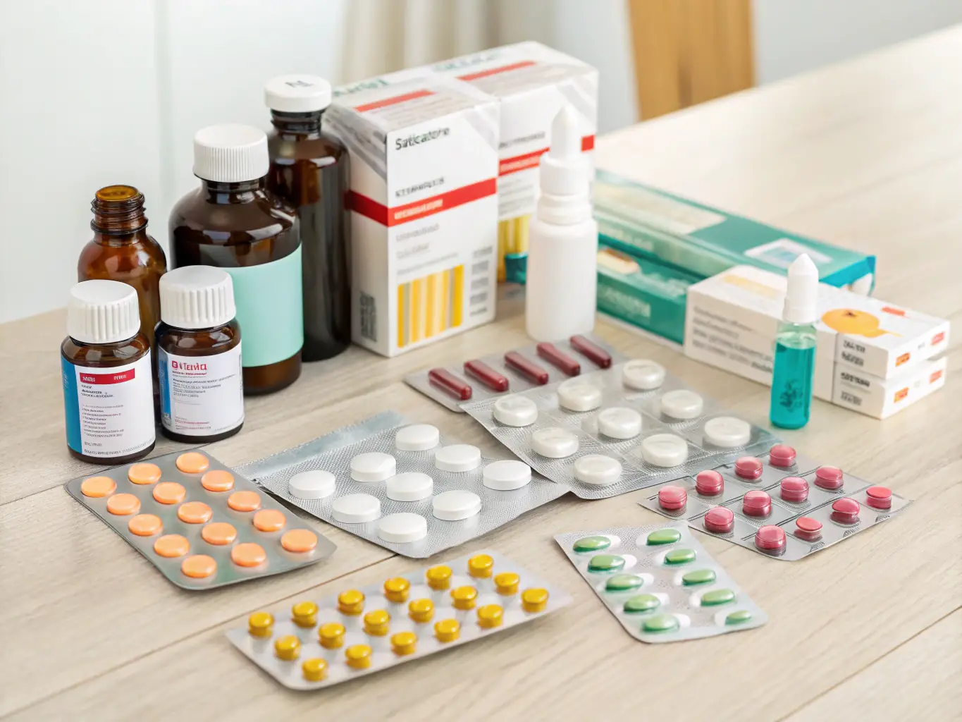An array of pharmaceutical tablets and capsules displayed on a clean, professional background, representing the comprehensive range of pharmaceutical products available from Aeromed Impex.